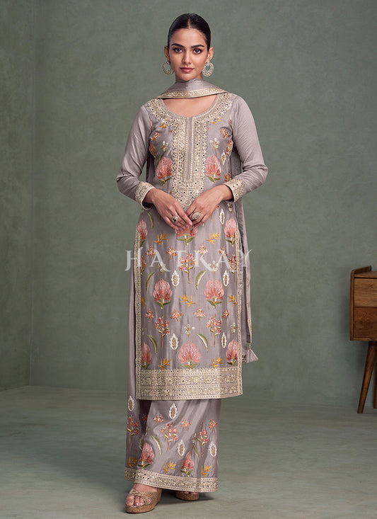 Grey Floral Embroidery Palazzo Suit