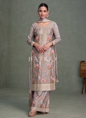 Grey Floral Embroidery Palazzo Suit