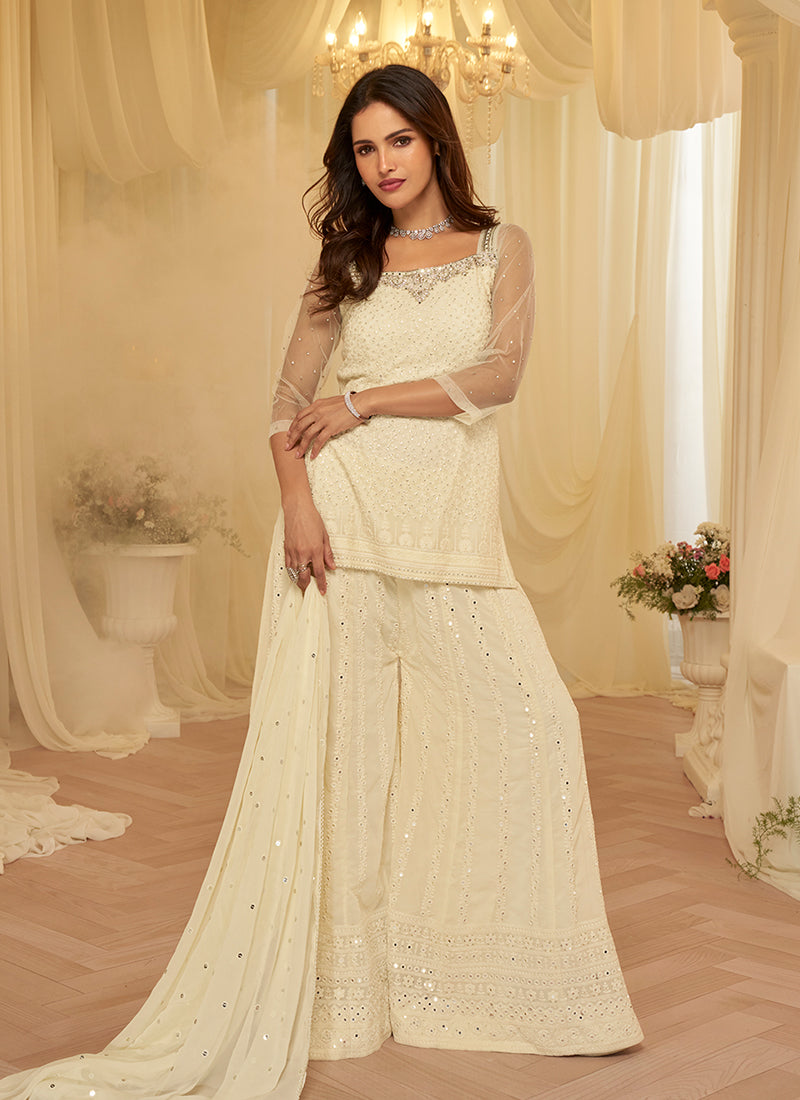 Cream White Lucknowi Embroidered Georgette Palazzo Suit