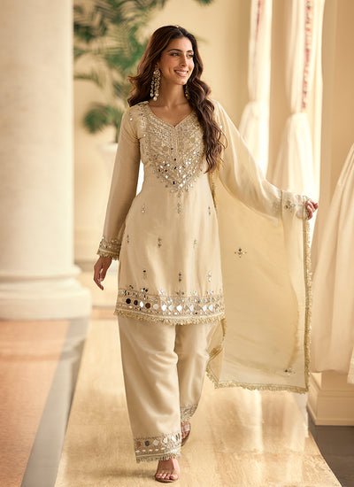 Ivory Beige Mirror Work Pant Style Palazzo Suit