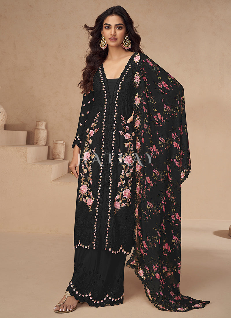 Black Floral Slit Style Palazzo Suit