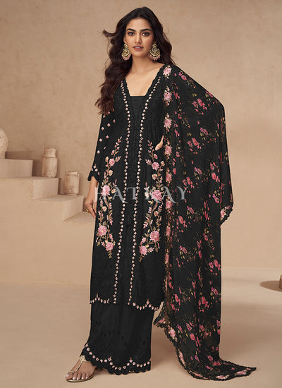 Black Floral Slit Style Palazzo Suit