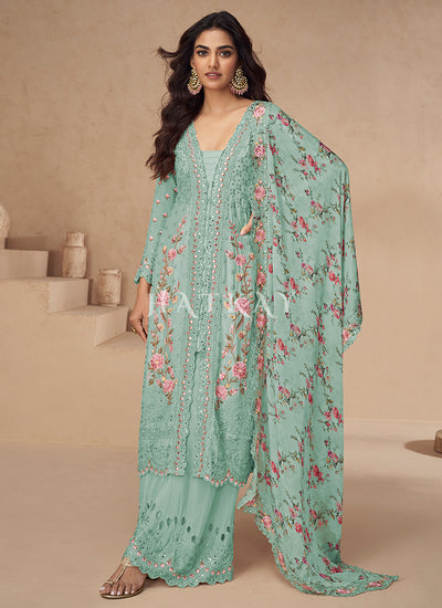 Sea Green Floral Slit Style Palazzo Suit