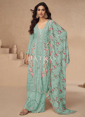 Sea Green Floral Slit Style Palazzo Suit