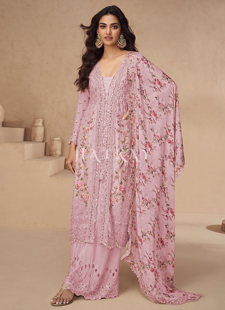 Light Pink Floral Slit Style Palazzo Suit