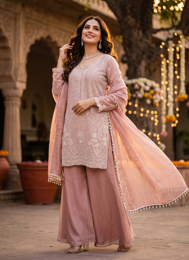 Blush Pink Embroidered Palazzo Suit