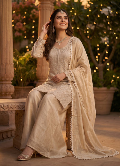 Beige Embroidered Palazzo Suit