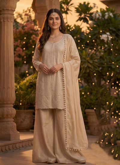Beige Embroidered Palazzo Suit