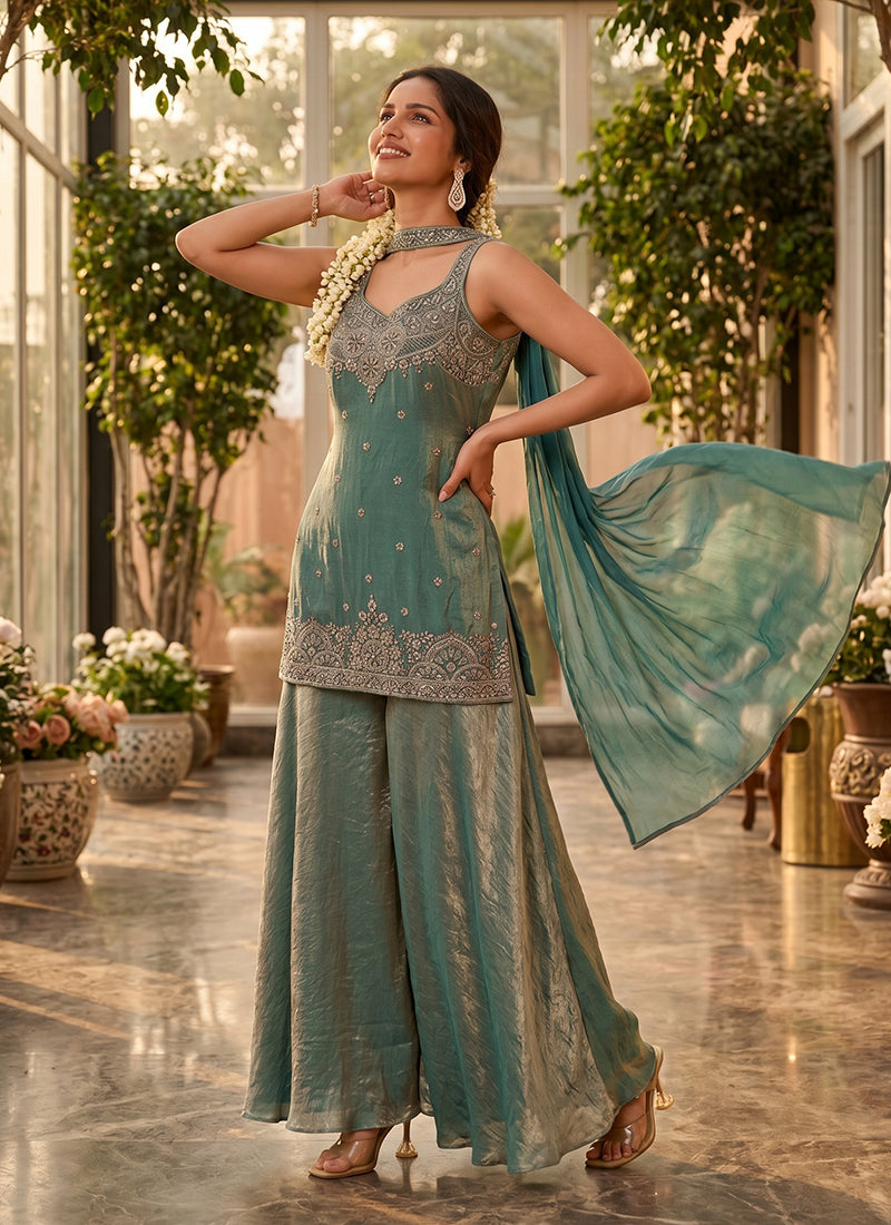 Teal Green Embroidery Silk Palazzo Suit