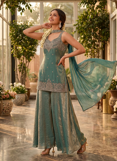 Teal Green Embroidery Silk Palazzo Suit