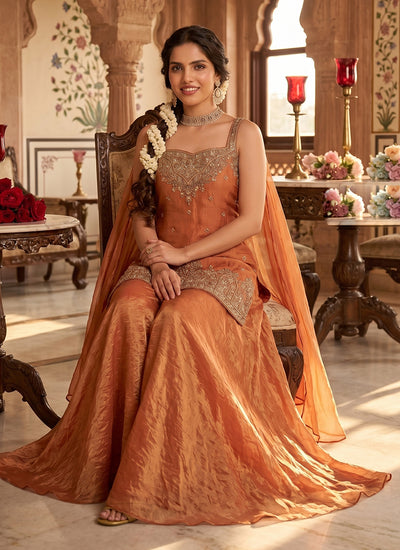 Rust Orange Embroidered Silk Palazzo Suit