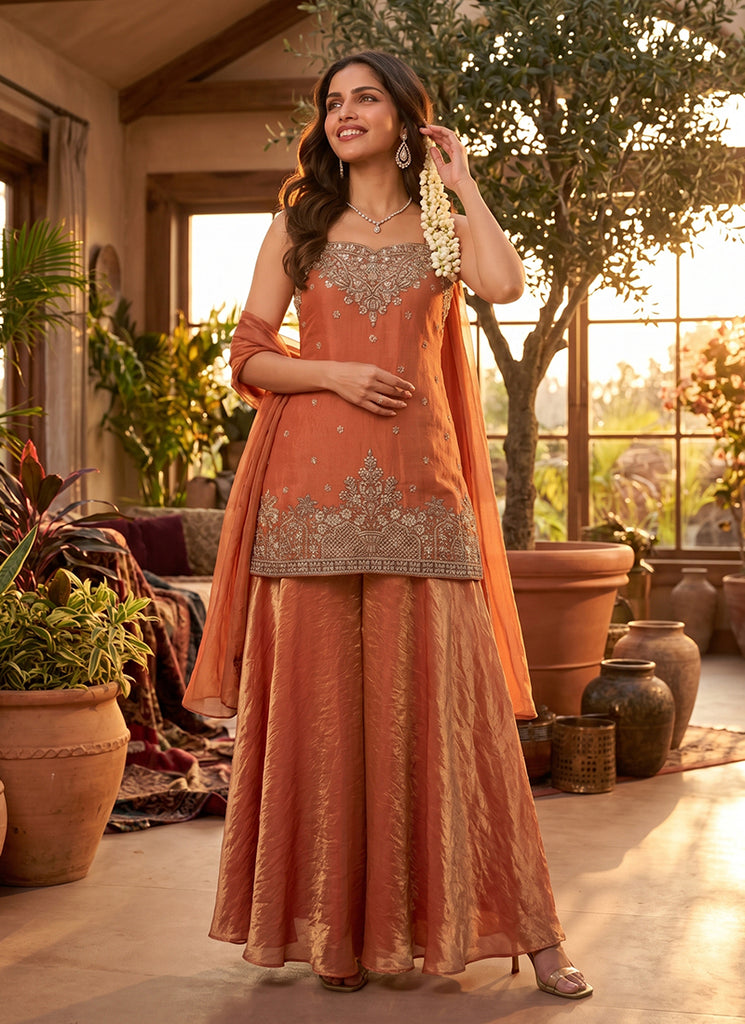 Rust Orange Embroidery Silk Palazzo Suit