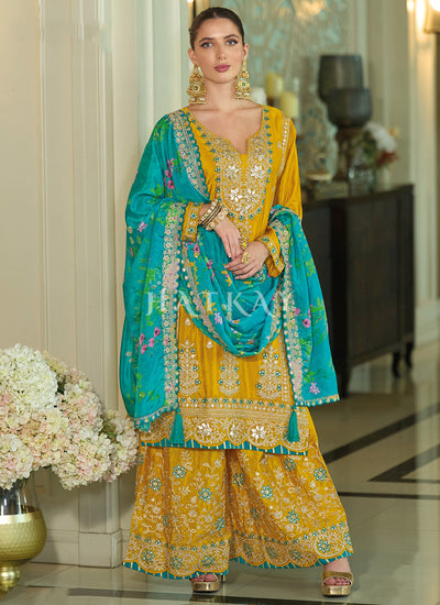 Yellow And Blue Multi Embroidery Palazzo Suit
