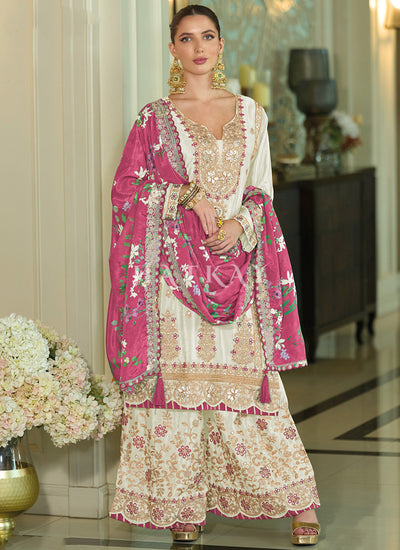 White And Pink Multi Embroidery Palazzo Suit