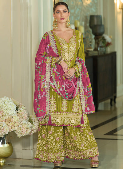 Green And Pink Multi Embroidery Palazzo Suit