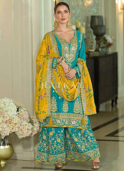 Blue And Yellow Multi Embroidery Palazzo Suit