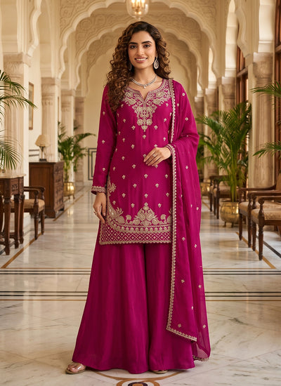 Rani Pink Traditional Embroidery Palazzo Suit