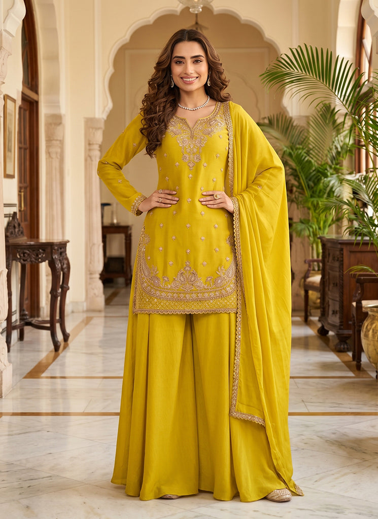 Yellow Traditional Embroidery Palazzo Suit