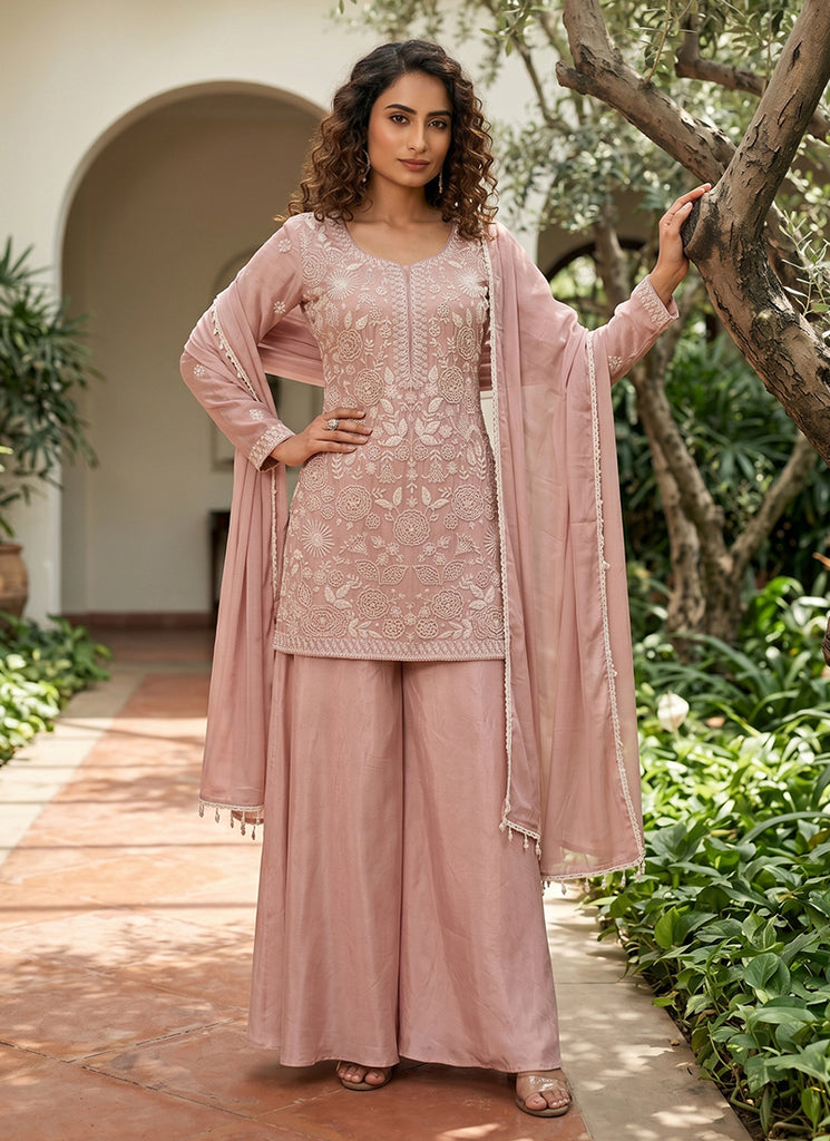 Blush Pink Embroidered Festive Palazzo Suit