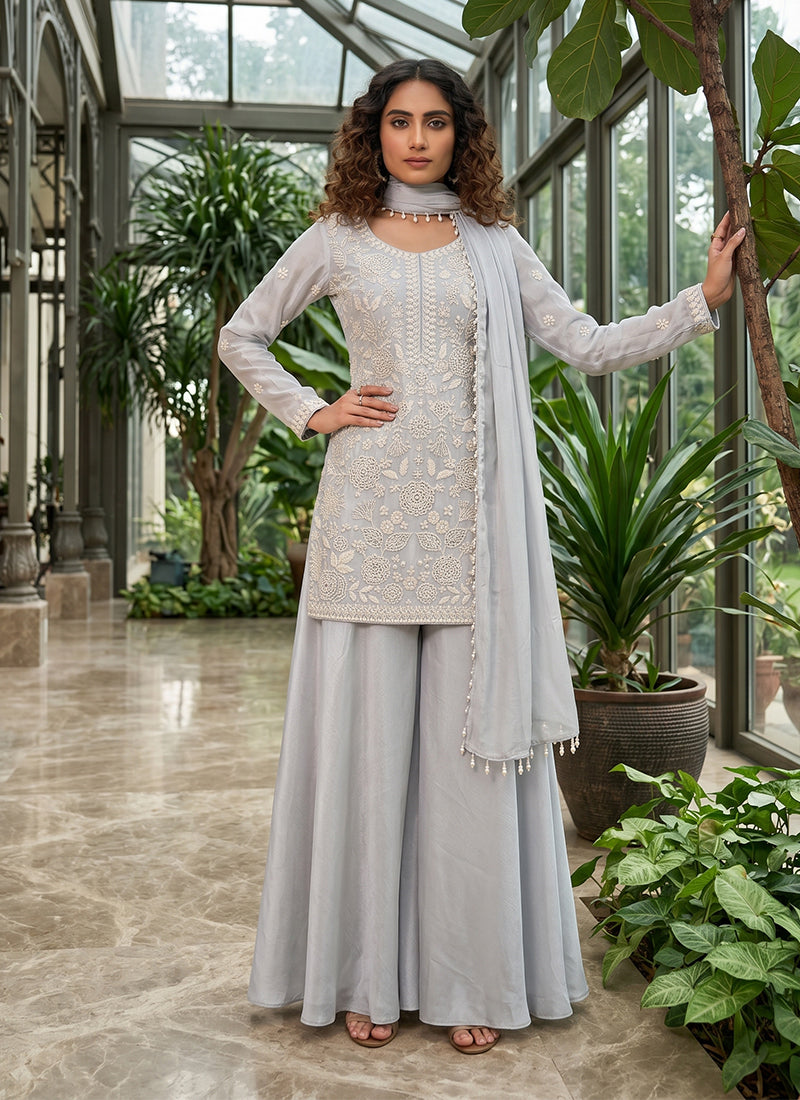 Light Blue Embroidered Festive Palazzo Suit