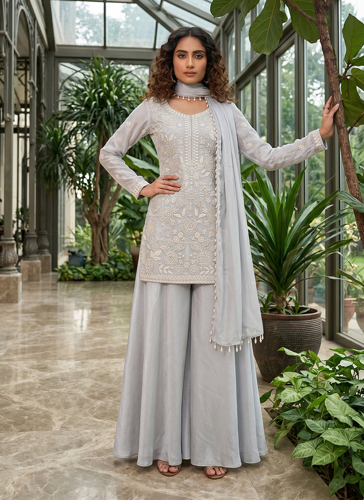Light Blue Embroidered Festive Palazzo Suit