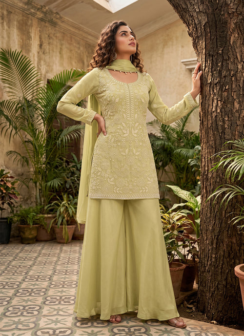 Pastel Green Embroidered Festive Palazzo Suit