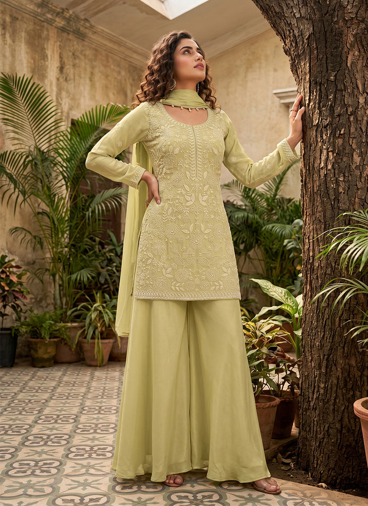 Pastel Green Embroidered Festive Palazzo Suit