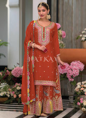 Rust Red Multi Embroidery Palazzo Suit