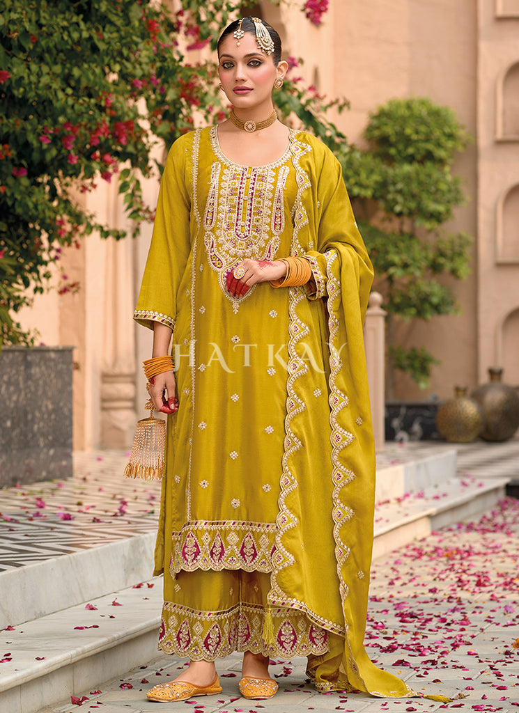 Buy Yellow Embroidered Palazzo Suit Online in India | Hatkay Buy Yellow Embroidered Palazzo Suit Online in India | Hatkay