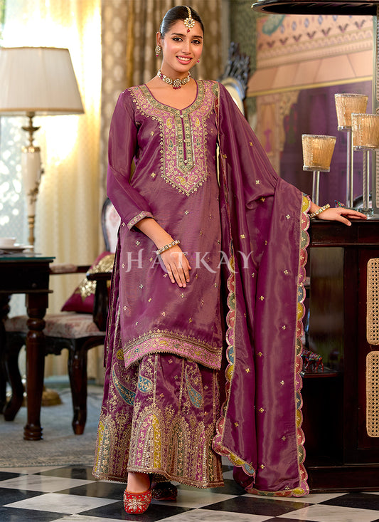 Rose Pink Embroidered Palazzo Suit