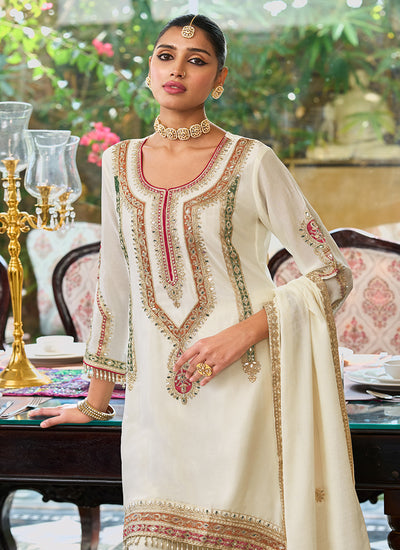 Off White Multi Embroidery Palazzo Style Suit