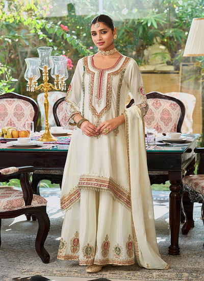 Off White Multi Embroidery Palazzo Style Suit