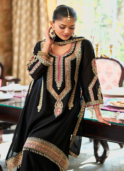 Black Multi Embroidery Palazzo Style Suit