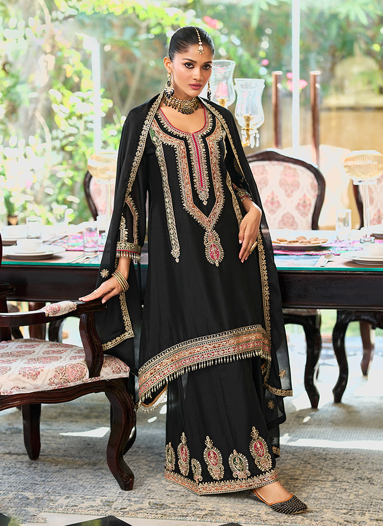 Black Multi Embroidery Palazzo Style Suit