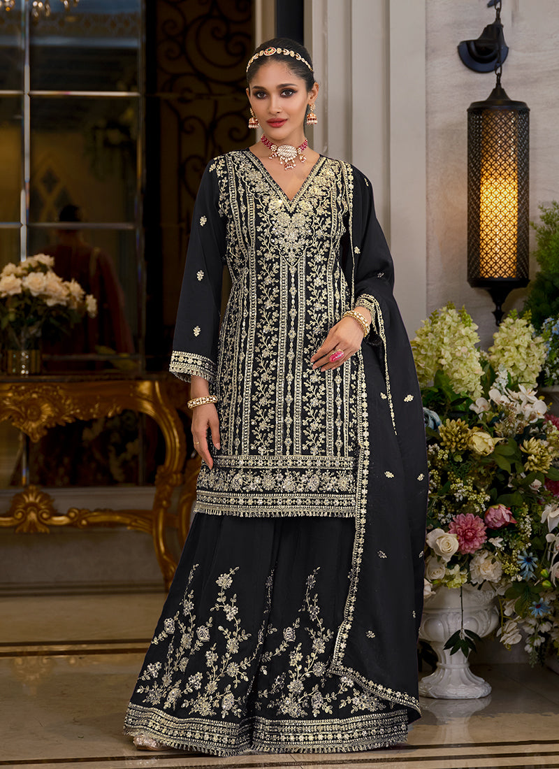 Black Embroidery Festive Palazzo Suit