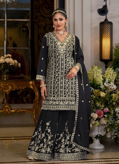 Black Embroidery Festive Palazzo Suit