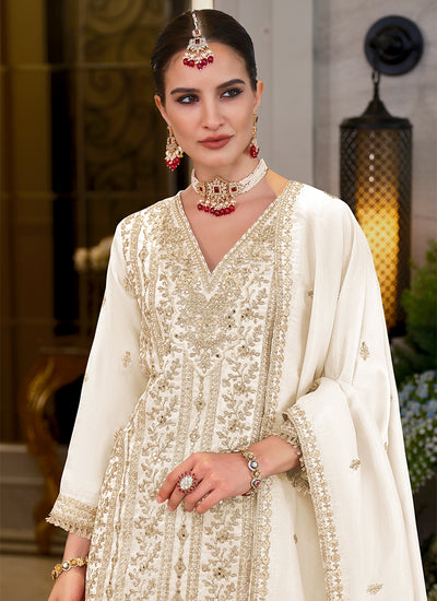 Off White Embroidered Festive Palazzo Suit