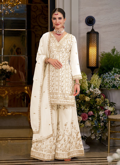 Off White Embroidery Festive Palazzo Suit
