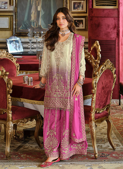 Cream And Pink Ombré Embroidered Palazzo Suit