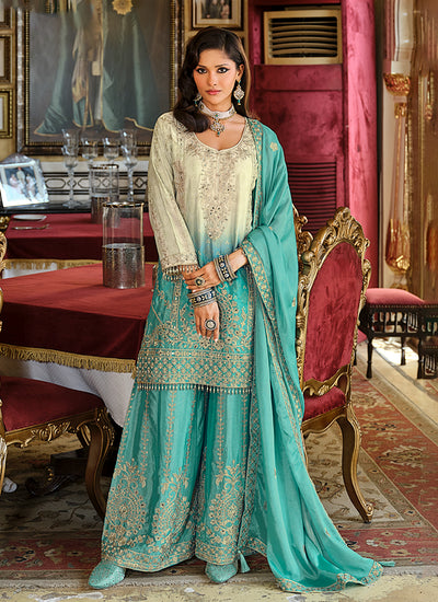Cream And Aqua Blue Ombré Embroidered Palazzo Suit