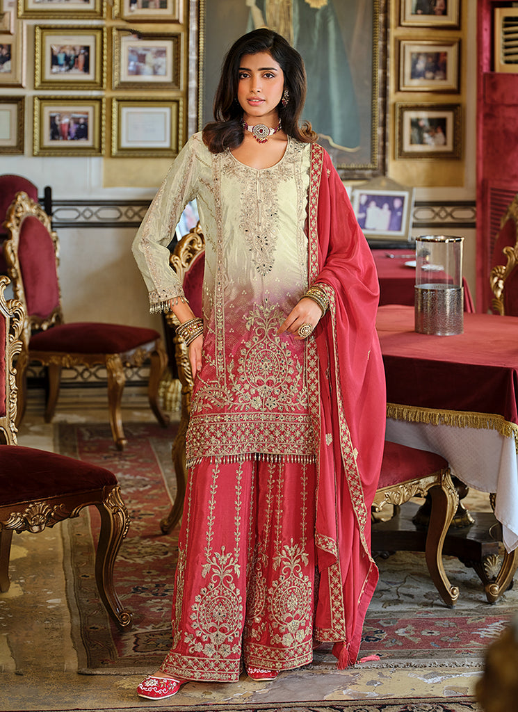Cream And Coral Red Ombré Embroidered Palazzo Suit