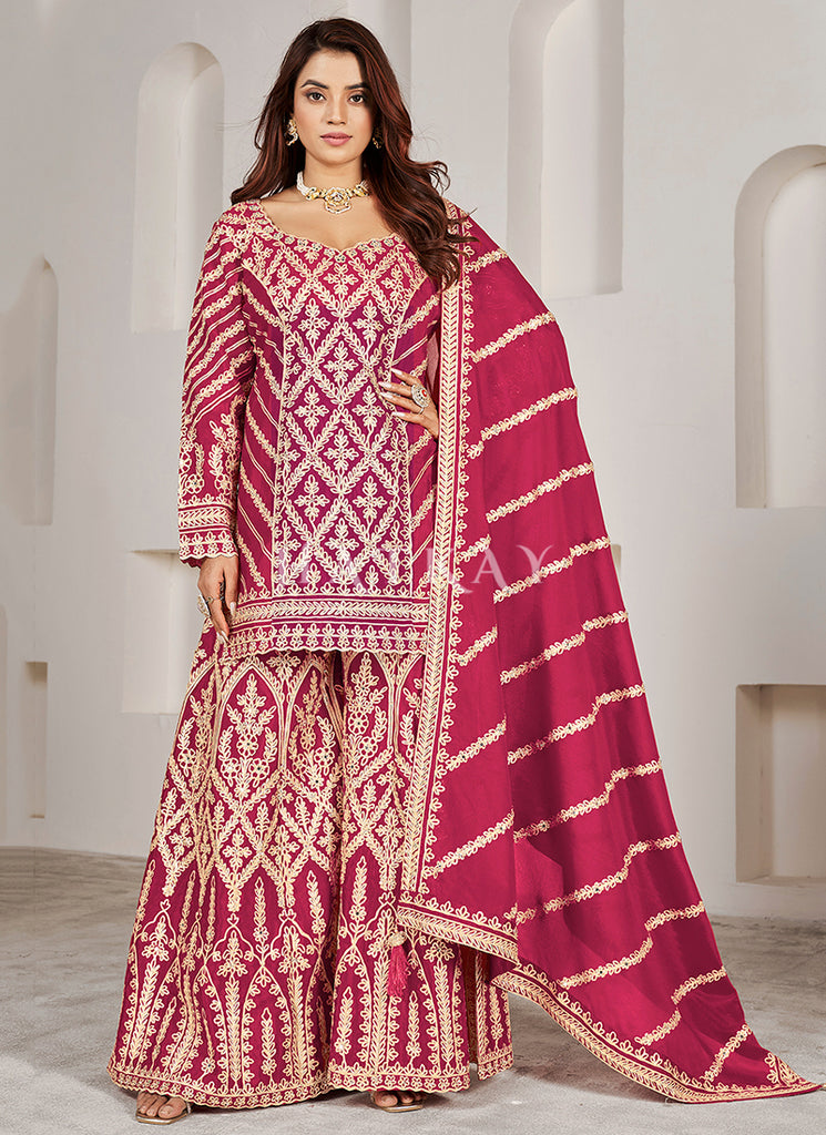 Magenta Embroidery Traditional Palazzo Suit