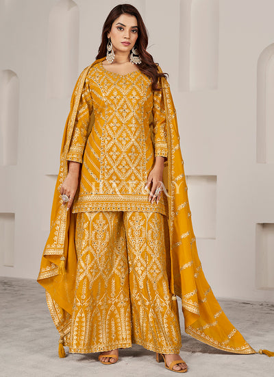 Yellow Embroidery Traditional Palazzo Suit