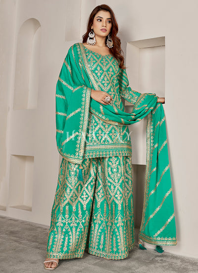 Green Embroidery Traditional Palazzo Suit
