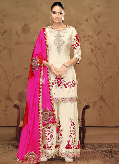 White Embroidered Palazzo Suit