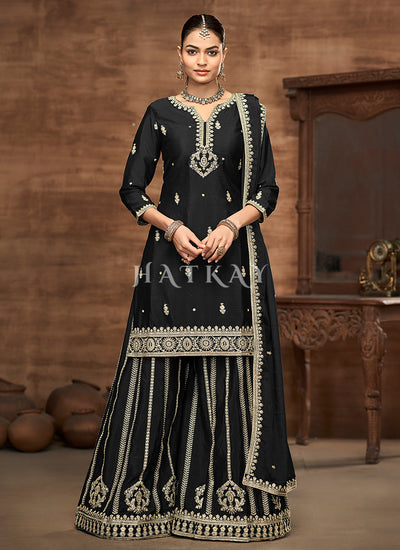 Black Embroidery Palazzo Style Suit