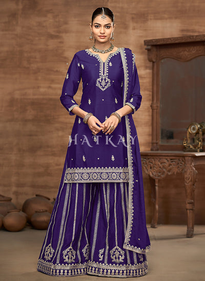 Purple Embroidery Palazzo Style Suit