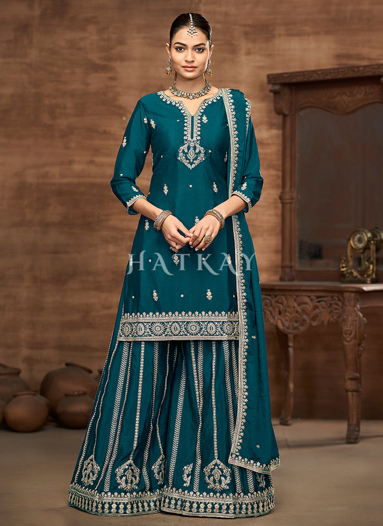 Turquoise Embroidery Palazzo Style Suit