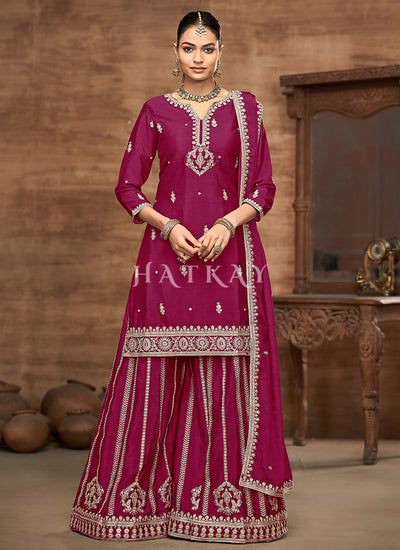 Magenta Pink Embroidery Palazzo Style Suit