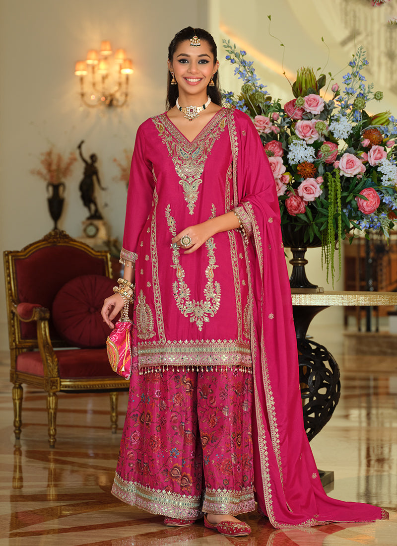 Magenta Pink Embroidery Printed Palazzo Suit